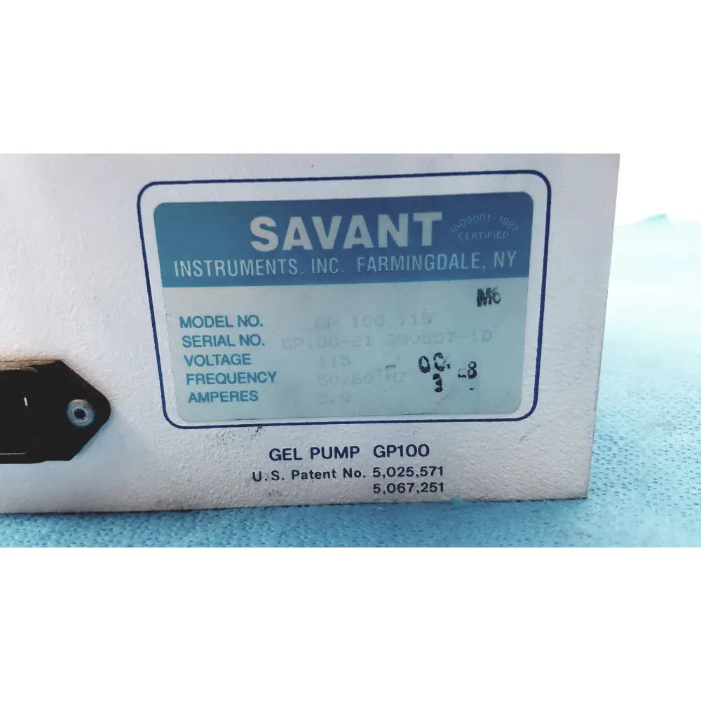 White plastic label with blue border identifying savant gel pump gp100 gel pump for precise dispensing control