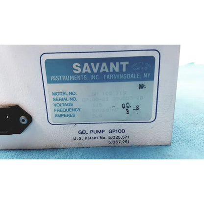 White plastic label with blue border identifying savant gel pump gp100 gel pump for precise dispensing control