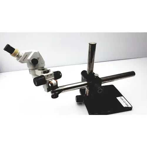 Scienscope SZ-BD-B2 ssZ stereo zoom binocular microscope with white and black adjustable arms and sturdy base