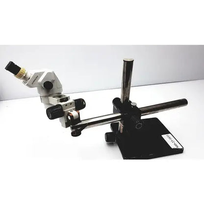 Scienscope SZ-BD-B2 ssZ stereo zoom binocular microscope with white and black adjustable arms and sturdy base
