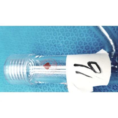 Clear glass scientific glass apparatus borosilicate lab glass piece with threaded cap and red spade logo labeled 16 inches