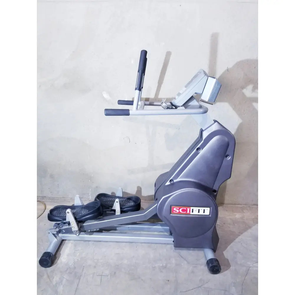Gray and silver scifit sx7000 elliptical commercial lower body trainer with black foot pedals and handlebars, self powered