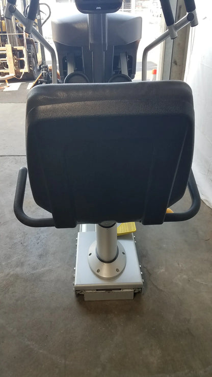 Black padded seat with metal frame and adjustable height base on scifit systems rst7000 recumbent stepper