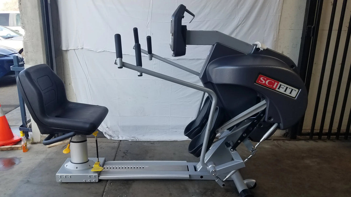 Black and silver scifit systems rst7000 recumbent stepper with adjustable handles and padded seat for comfortable exercise