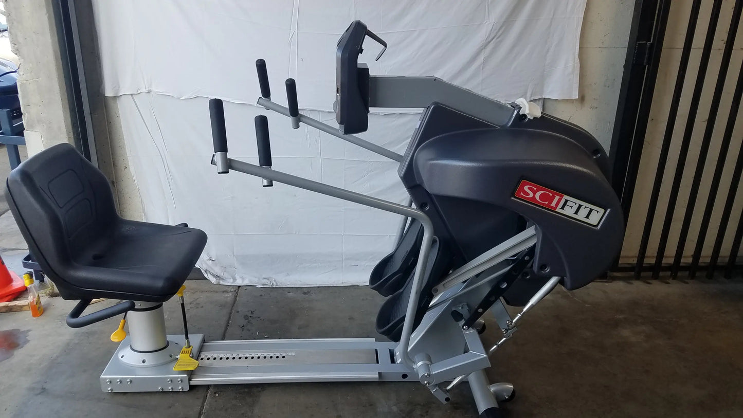 Black and silver scifit systems rst7000 recumbent stepper with padded seat adjustable handlebars and metal frame