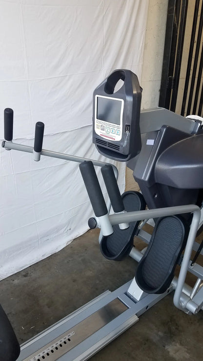 Gray and black scifit systems rst7000 recumbent stepper with digital display screen mounted on handle for fitness use