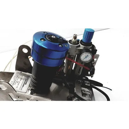 Blue and black metallic pneumatic fish stunner assembly with pressure gauge by Seafood Innovations for industrial use