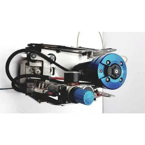 Blue motorized pneumatic fish stunner assembly with black hoses and metallic components mounted on white wall