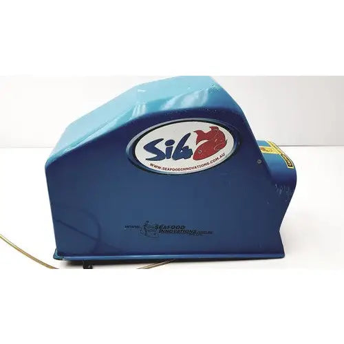 Blue plastic pneumatic fish stunner assembly with white oval sib logo and red fish for seafood innovations si-4