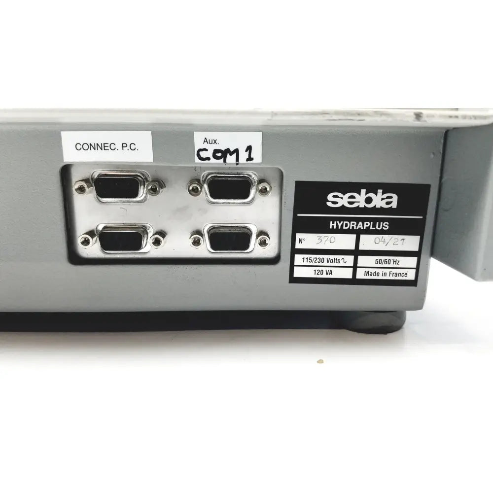 Back side of gray sebia hydraplus 2 autosampler with four metallic db9 connectors for reuse medical chromatography systems