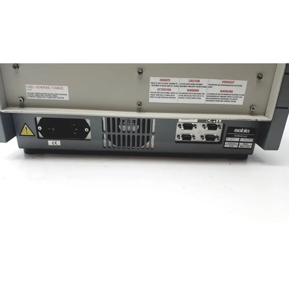 Gray metallic sebia hydraplus 2 autosampler device with multiple ports and warning labels for reuse medical chromatography systems