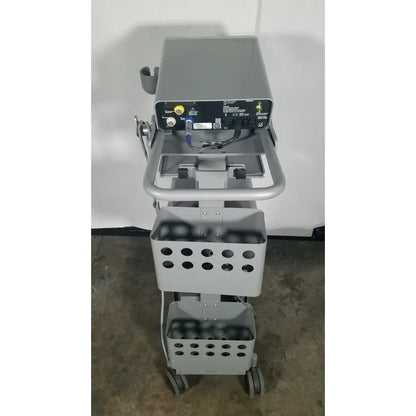 Gray senorx cm3000 control module medical cart with perforated bins and ports for encor breast biopsy vacuum system