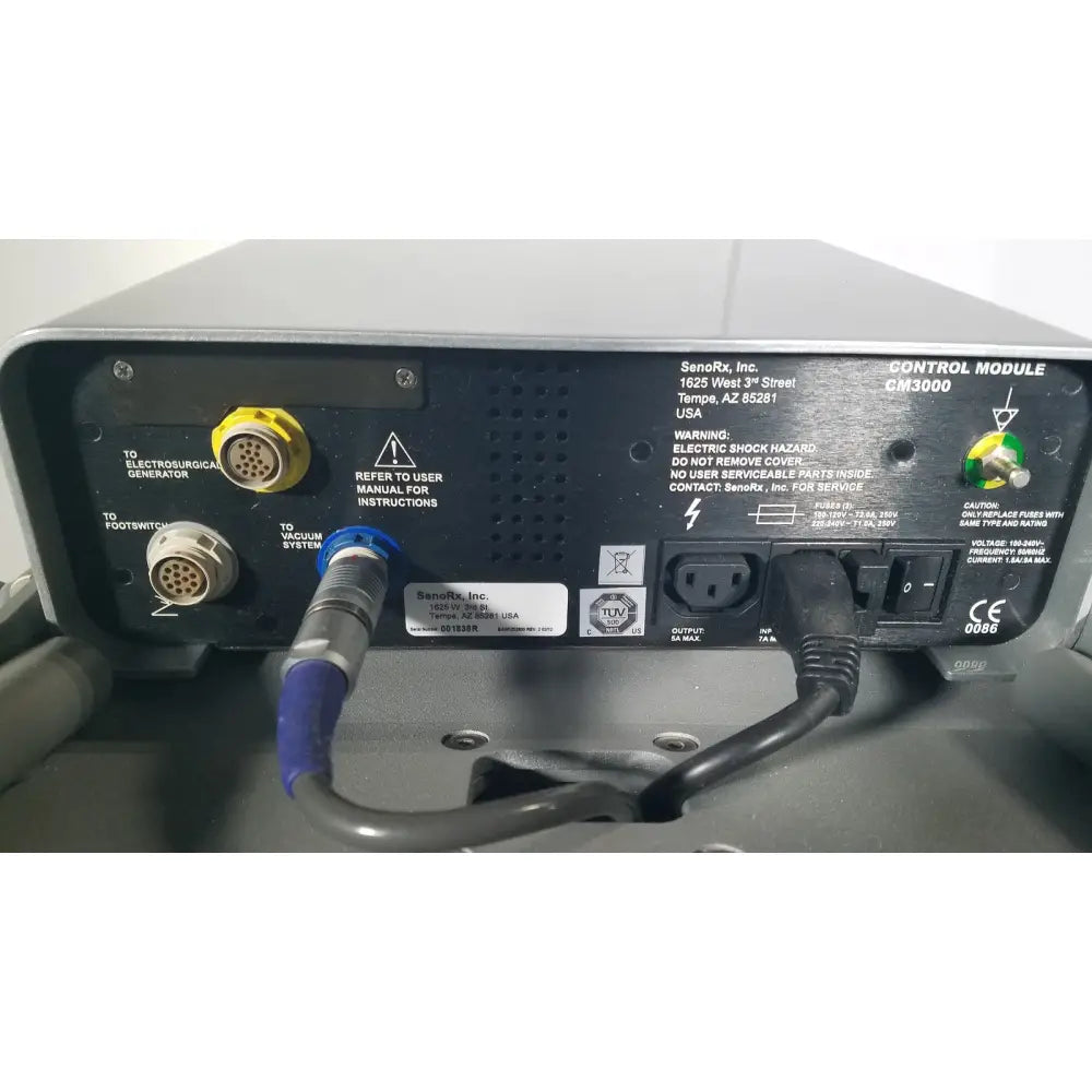 Gray metal senorx cm3000 control module with yellow and blue connectors for encor breast biopsy vacuum system