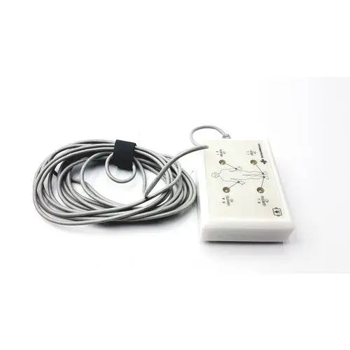 White rectangular SensorMedics 3-channel ECG box with gray coiled cable and black strap for cardiac monitoring