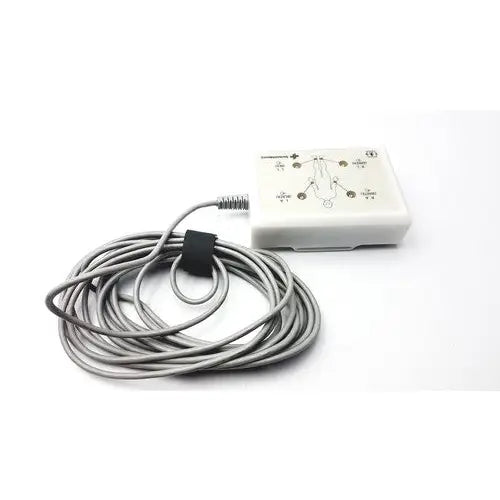 White rectangular defibrillator pad controller with coiled gray cable for sensormedics 3-channel ecg box p n 7082293