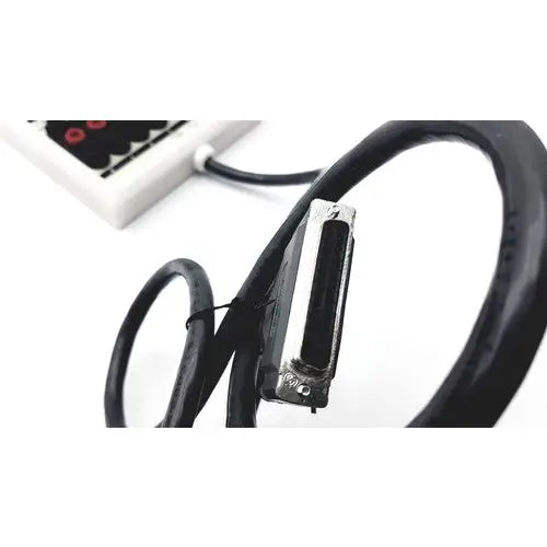 Sensor medics 769259 black coiled cable with metallic d-sub connector for interface box assembly back side view