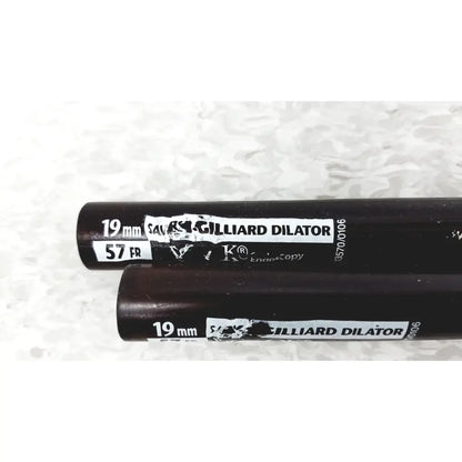 Black cylindrical savary gilliard dilator cook endoscope 19mm with white labeling and 19 mm printed on each end