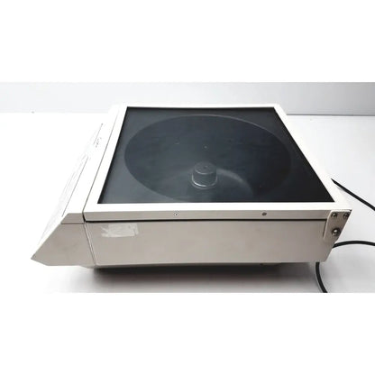 Silver metallic shandon cytospin 3 cytocentrifuge with black glass top and visible rotor chamber for reuse medical labs