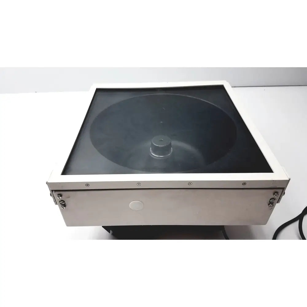 Shandon cytospin 3 cytocentrifuge silver metallic centrifuge with transparent lid and black interior chamber for reuse medical use