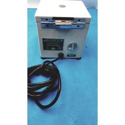 White rectangular benchtop laboratory centrifuge with silver hinges and vent by shelton scientific for compact lab use