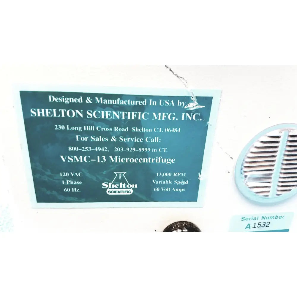 Label of shelton scientific vsmc-13 benchtop laboratory centrifuge with teal background and white specification text