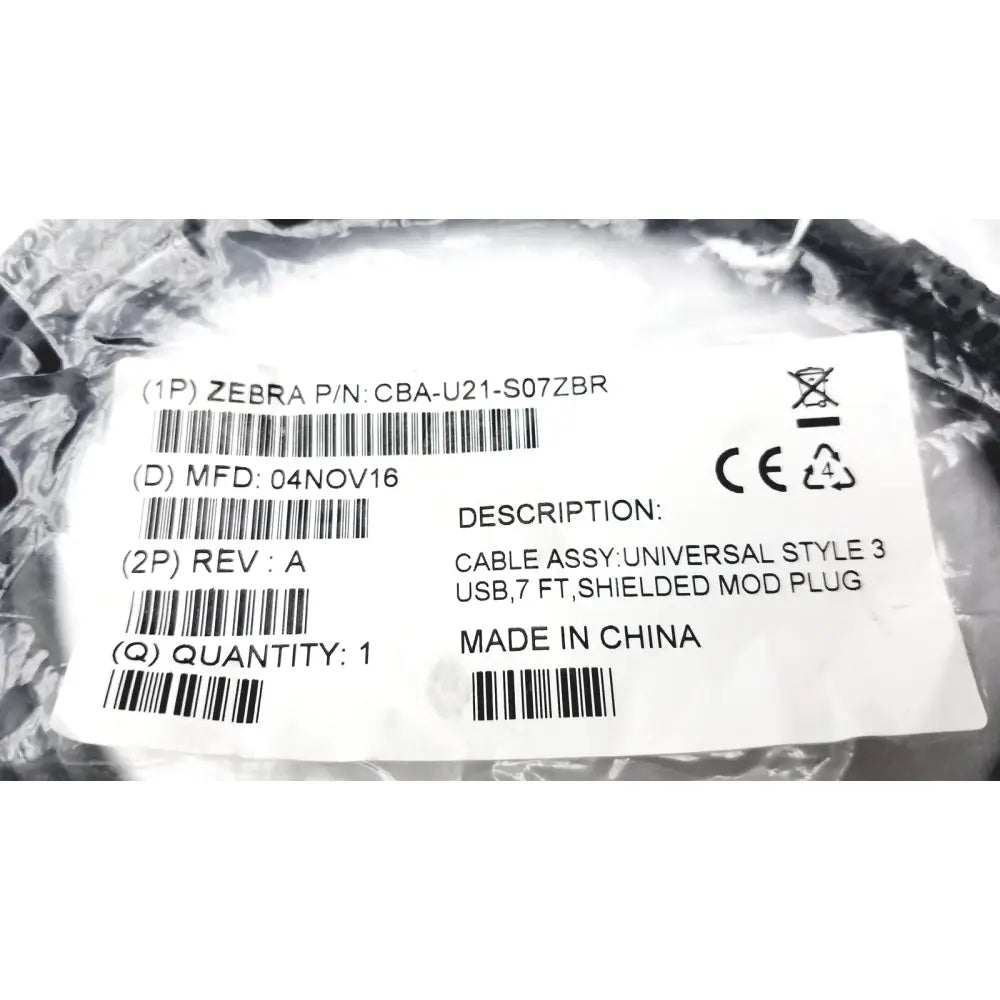 Shielded usb cable cba-u21-s07zbr 7-foot mod plug assembly in original packaging for Zebra scanner use