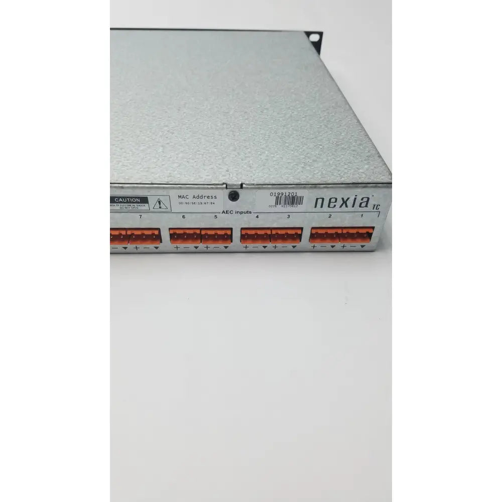 Silver metallic shure scm800 rackmount with orange aec input connectors shown from the back side of the unit