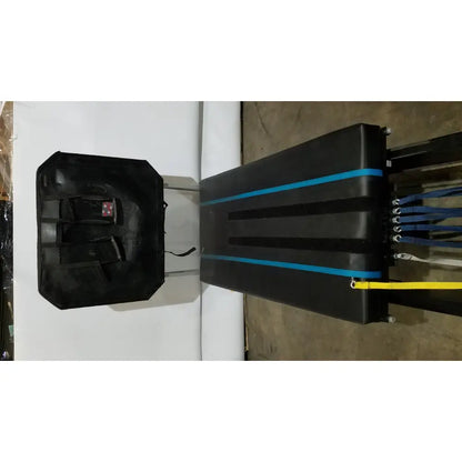 Black industrial-grade cargo carrier with blue accent stripes and multiple attachment points for shuttle recovery sport use