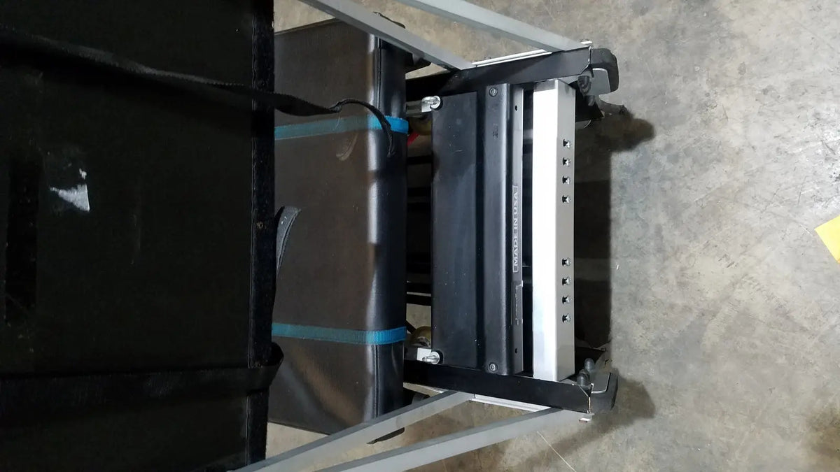 Black and silver industrial-grade metal cart with adjustable shelves for shuttle recovery sport use