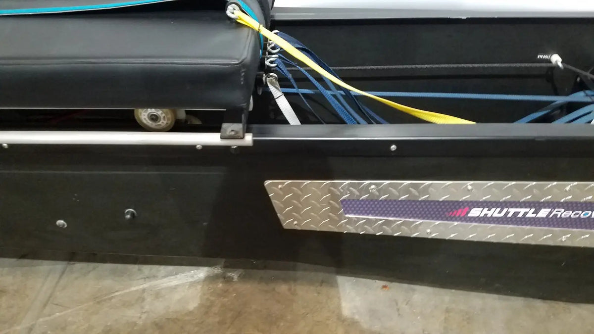 Silver diamond plate step with purple and red shuttle recovery logo for shuttle recovery sport fitness equipment