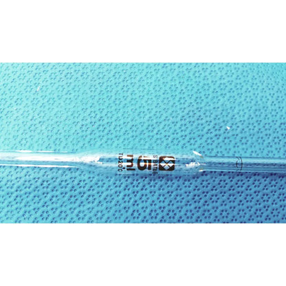 Clear glass sibata 5ml glass serological pipette with black printed markings and a bulbous tip for precise measurement