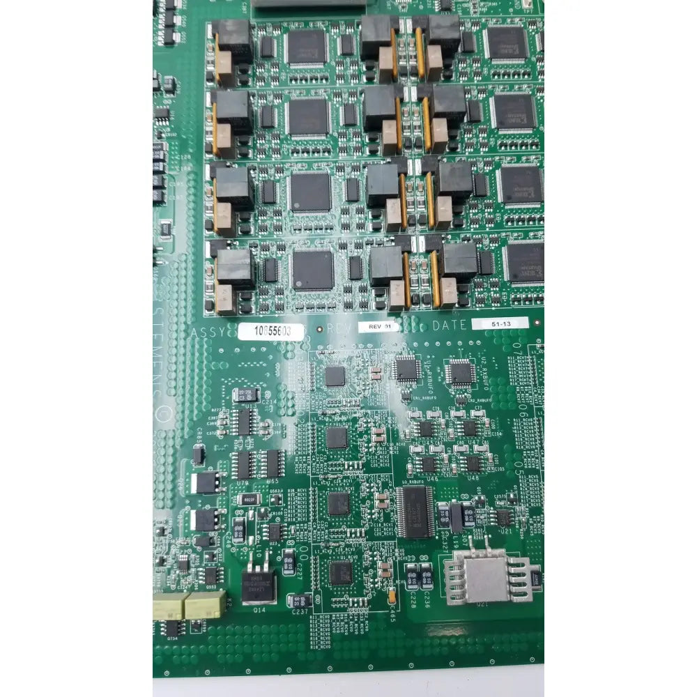 Green printed circuit board of siemens 10855603 rev 01 ultrasound board with black integrated circuits for acuson sc2000 g-bbde1-23o