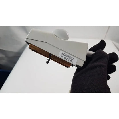White plastic handheld siemens acuson 3 needle guide c3 ultrasound linear array transducer probe with metallic connector and barcode label