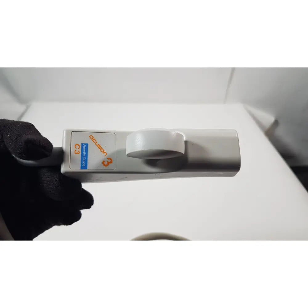 Siemens Acuson 3 needle guide c3 ultrasound linear array transducer probe with gray rounded handle and orange branding