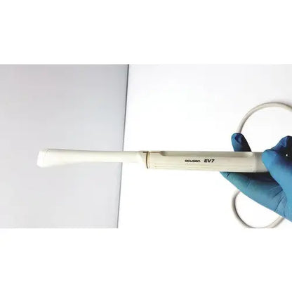 A white siemens acuson ev7 linear probe dental examination transducer held in a gloved hand for ultrasound use