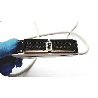 Siemens acuson ev7 linear probe ultrasound device with a silver body, central metallic knob, and black grid panels