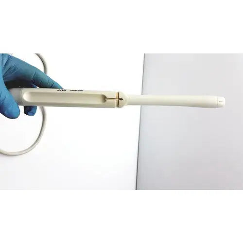 A beige siemens acuson ev7 linear probe ultrasound transducer with a smooth plastic body and metallic joint details