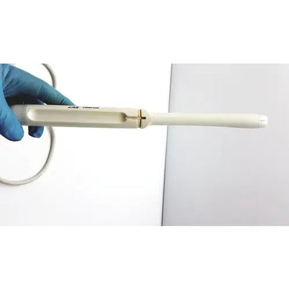 A beige siemens acuson ev7 linear probe ultrasound transducer with a smooth plastic body and metallic joint details