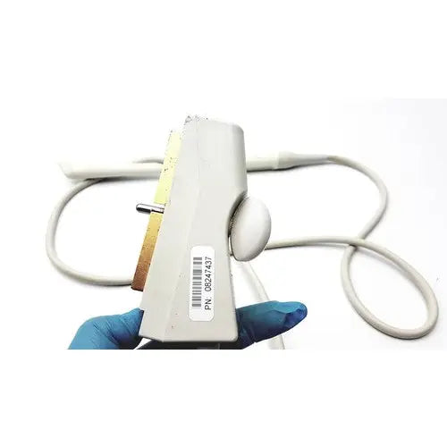 Gray plastic siemens acuson ev7 linear probe ultrasound transducer with white cable and metallic connector