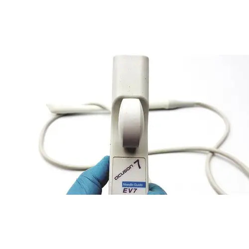 White plastic siemens acuson ev7 linear probe ultrasound transducer with curved handle and attached cables