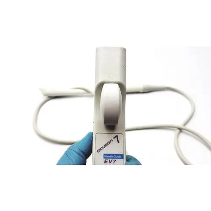 White plastic siemens acuson ev7 linear probe ultrasound transducer with curved handle and attached cables