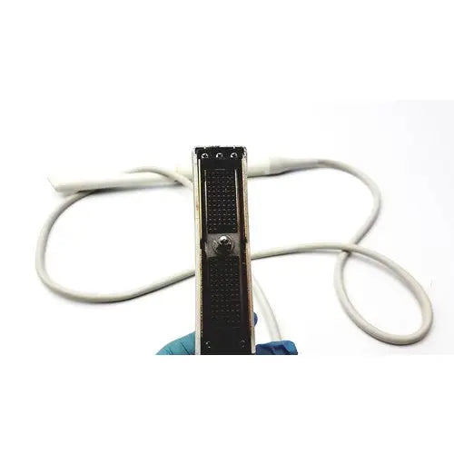Black rectangular siemens acuson ev7 linear probe with silver metallic edges and two white cables connected on the sides