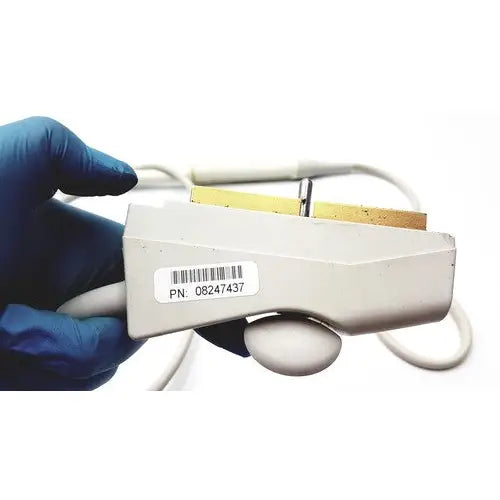 Gray plastic siemens acuson ev7 linear probe ultrasound transducer with gold-colored tip and white cables
