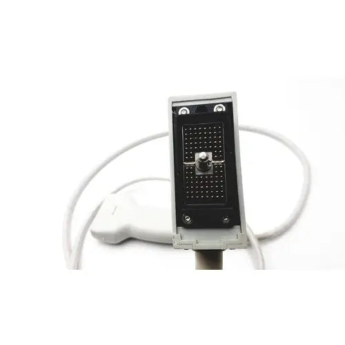 Gray rectangular siemens b1b0059 ultrasound transducer probe with black grid and silver knob connected to white cable