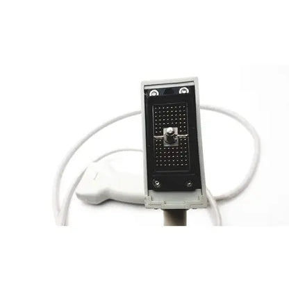 Gray rectangular siemens b1b0059 ultrasound transducer probe with black grid and silver knob connected to white cable