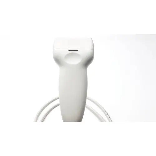 White handheld siemens b1b0059 ultrasound transducer probe with ergonomic design and coiled cable for medical imaging