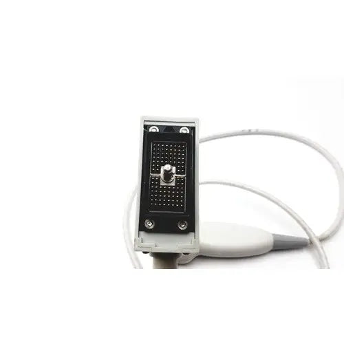 Gray rectangular siemens b1b0059 ultrasound transducer with black grid pattern and silver screws connected to white cable