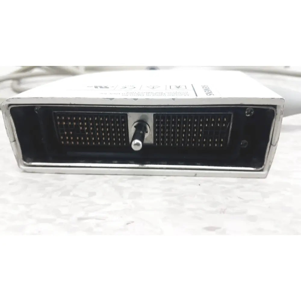 White rectangular siemens ev9-4 endocavity ultrasound transducer probe with black grilles and central silver knob