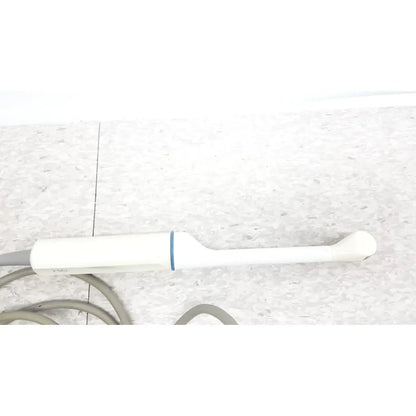 Siemens ev9-4 endocavity ultrasound transducer probe in white with blue stripe and gray cable for medical imaging