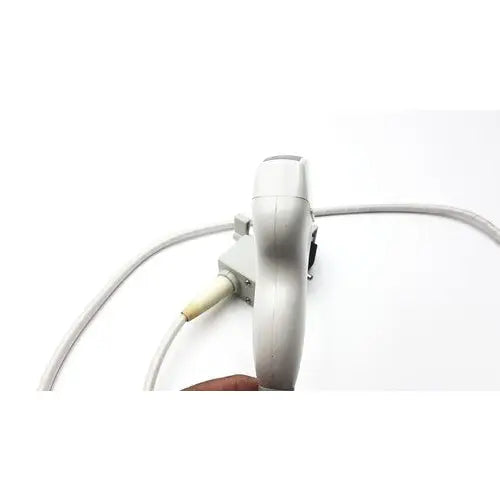 White handheld Siemens linear array ultrasound transducer probe with curved handle and attached cables for medical imaging